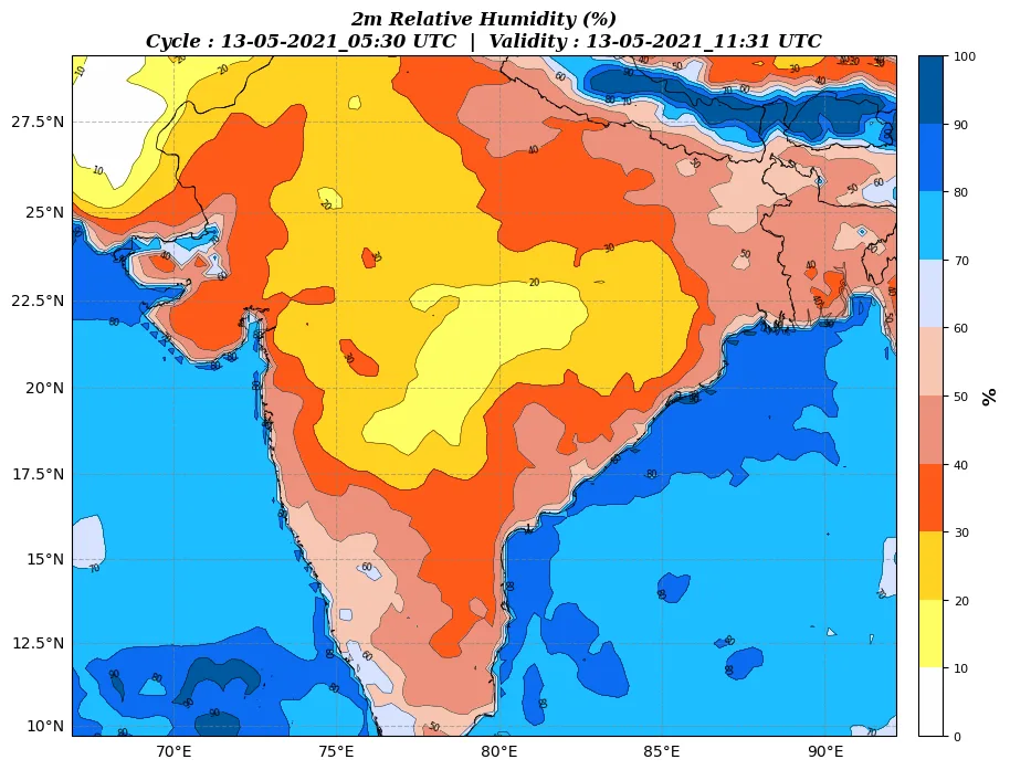 2m Relative Humidity Plotted by wrfplot from WRF Output. (Credit:- Author)
